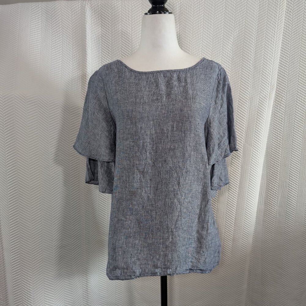 Lord & Taylor 100% Linen Blouse Blue Ruffle Sleeve Top Medium Coastal Office